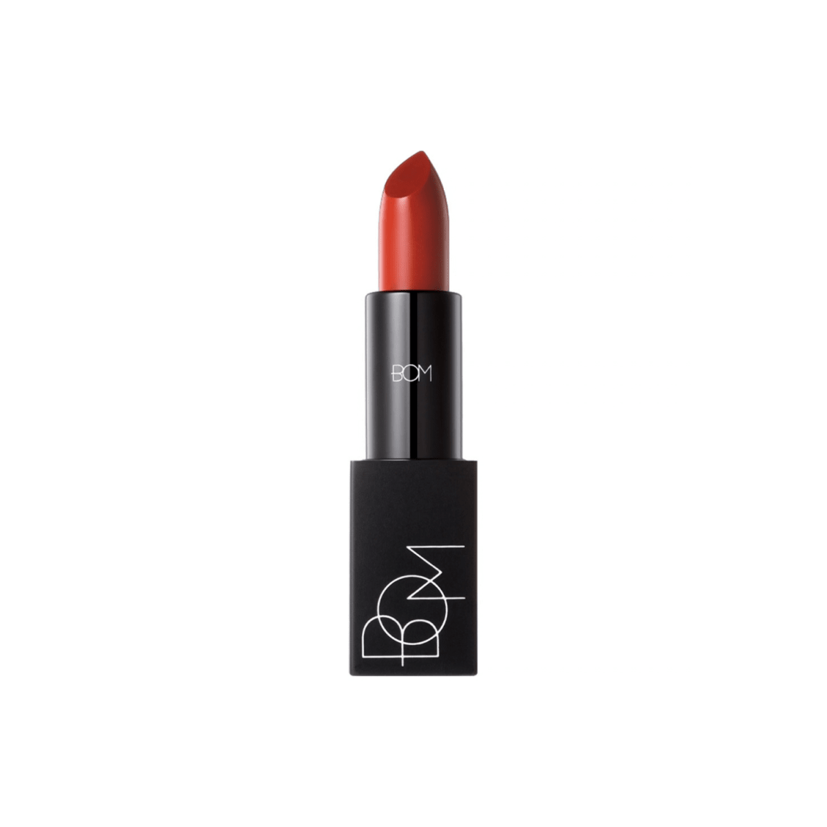 B.O.M lipstick in a sleek tube with a vibrant pink shade, shown with the cap off revealing the smooth, rounded lipstick bullet.