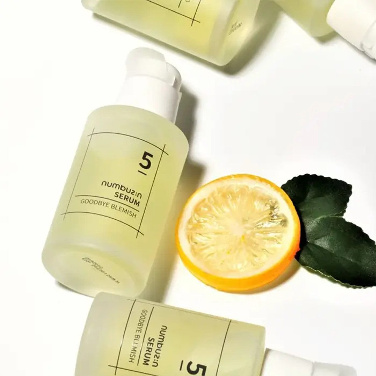 Numbuzin No.5 Goodbye Blemish Serum 50ml bottle, clear serum inside a sleek bottle with a pump applicator.