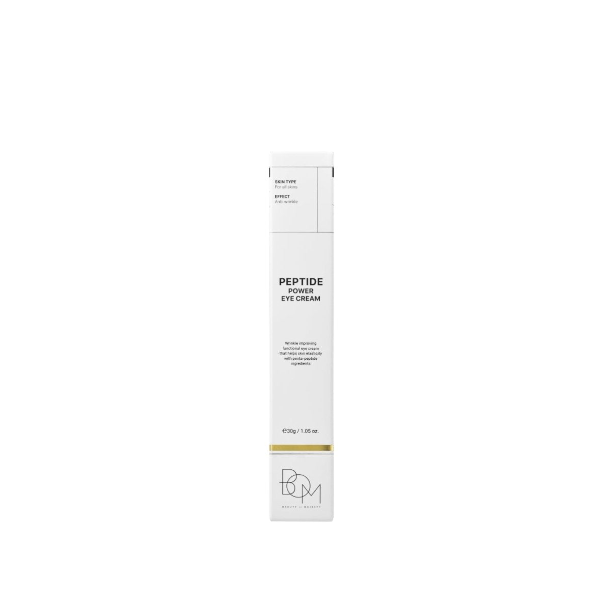 B.O.M Peptide Power Eye Cream in 30g jar with smooth cream texture, designed to reduce puffiness and dark circles around the eyes.