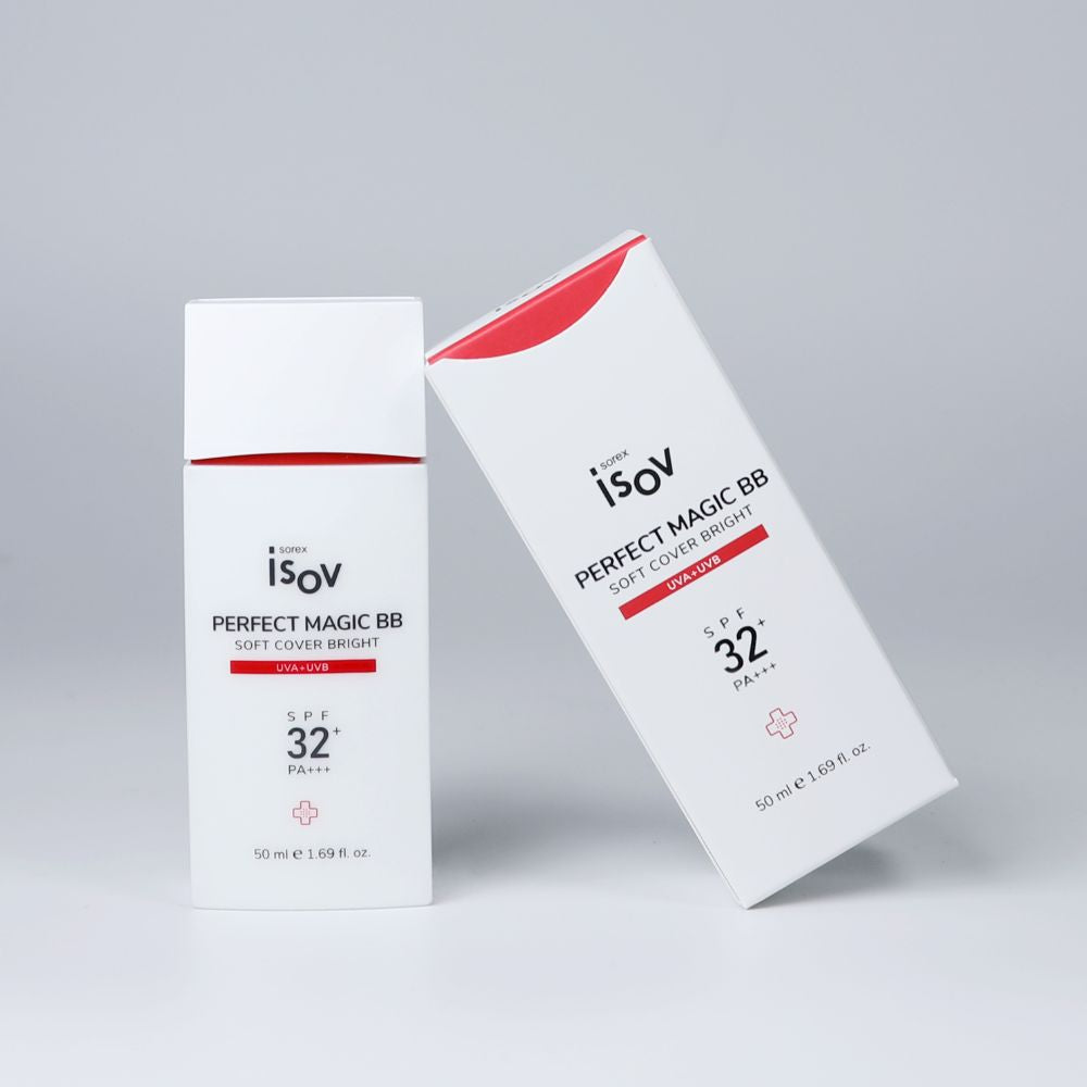 ISOV Perfect BB Cream 50ml in a sleek tube, showcasing smooth, even-toned skin and lightweight texture for a natural makeup look.