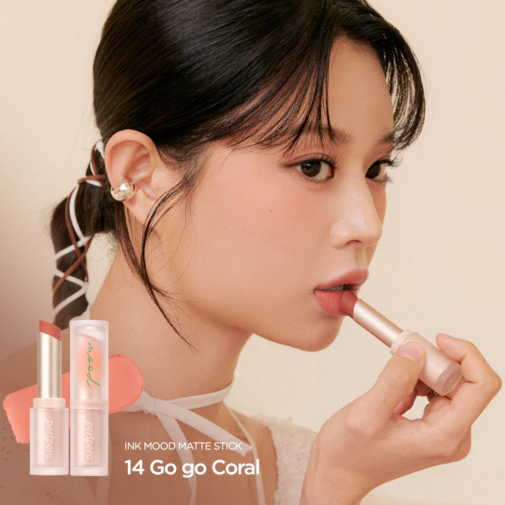 Peripera Ink Mood Matte Stick lipstick in a deep mauve shade, with a sleek black tube and matte finish.