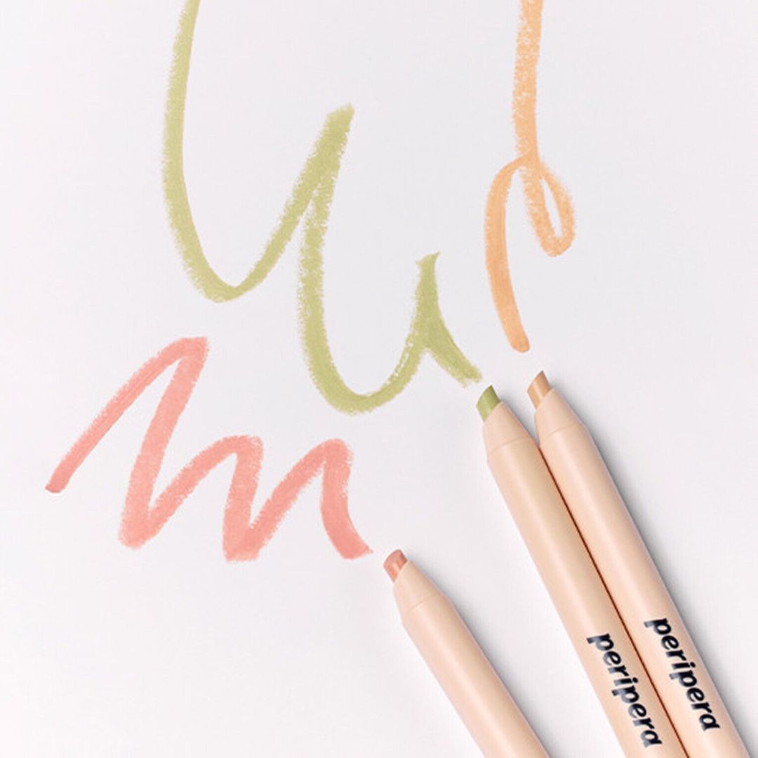 Peripera Mood Fit Pencil Concealer with three color options, showcasing its compact design and creamy texture for blemish coverage.