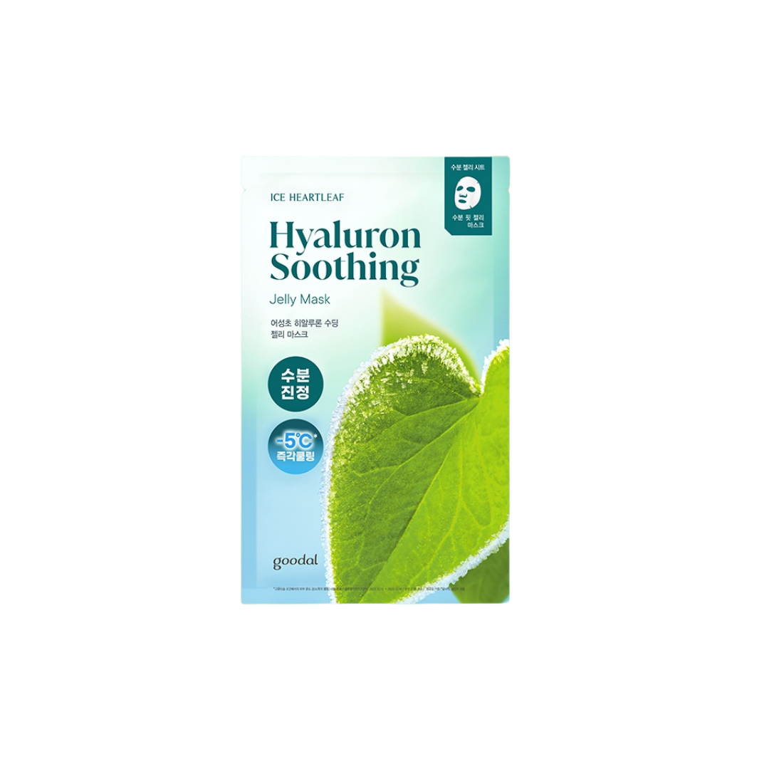 Goodal Houttuynia Cordata Hyaluron soothing sheet mask with hydrating jelly texture, designed for calming and moisturizing skin.