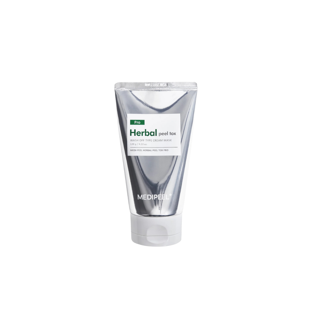 Herbal Peel Tox Pro wash-off mask by MEDIPEEL+ in a 120g jar, showing herbal ingredients and application texture.