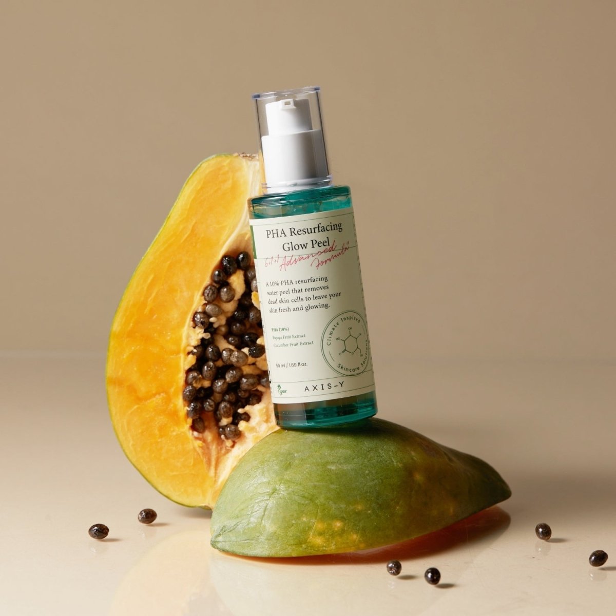 AXIS-Y PHA Resurfacing Glow Peel 50ml exfoliant bottle, featuring a clear label and pump dispenser for gentle skin exfoliation.
