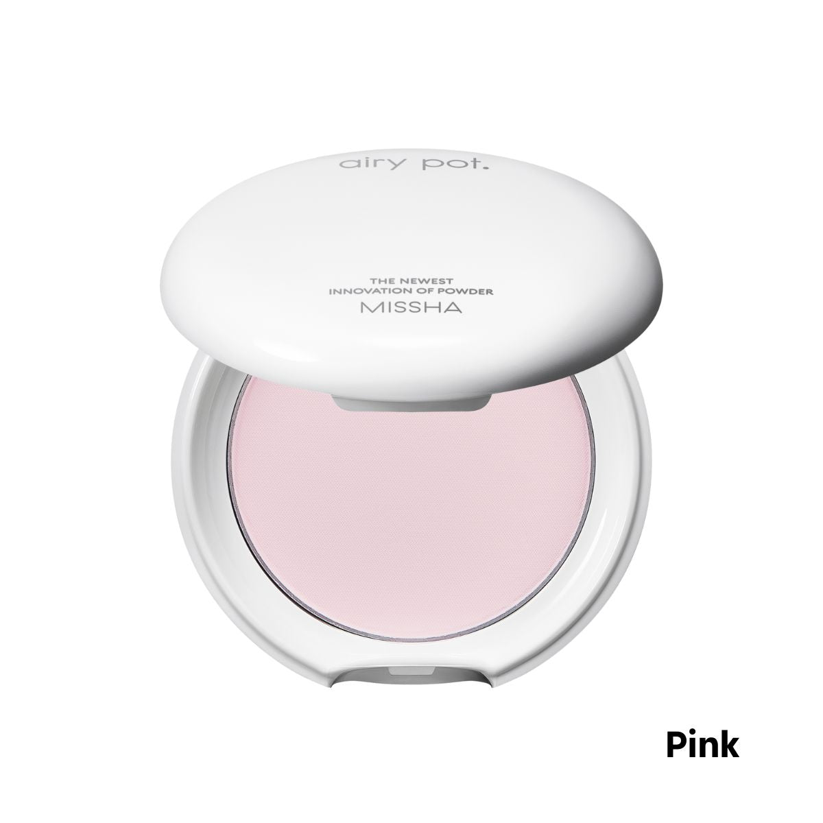 Missha Airy Pot Pressed Powder setting powder in a pink compact with a smooth, matte finish.