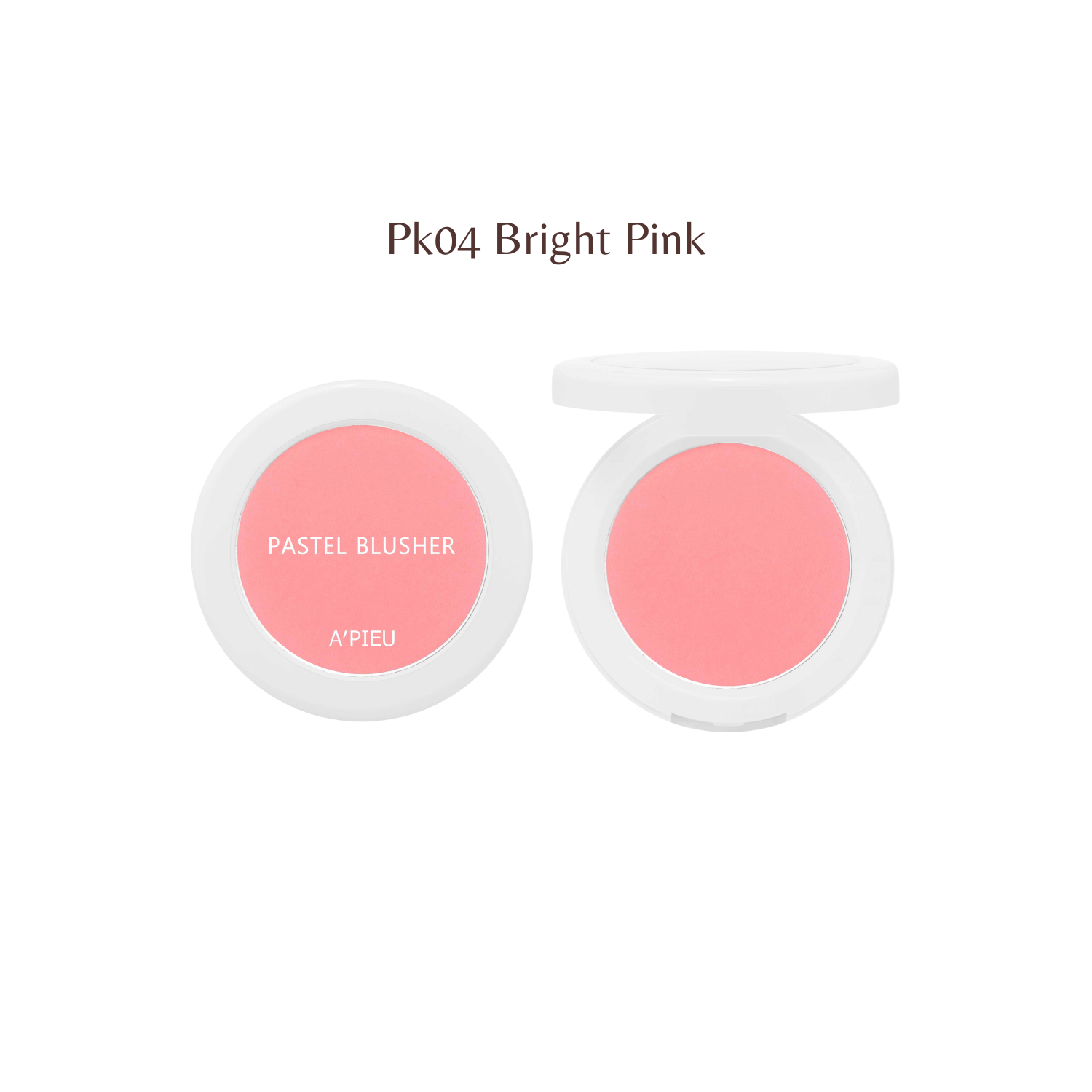A'pieu pastel blush in shade PK04, showing a soft pink powder blush with a smooth, matte finish.
