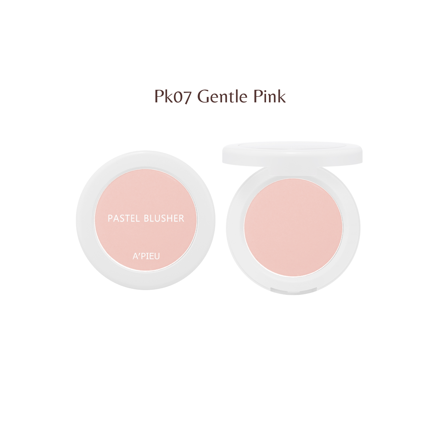 A'pieu pastel blush in shade PK07, showing a soft pink powder blush with a smooth, matte finish.