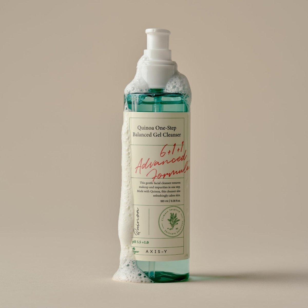 AXIS-Y Quinoa One-Step Balanced Gel Cleanser in 180ml bottle, showing the gel and foam cleanser for balanced skin cleansing.