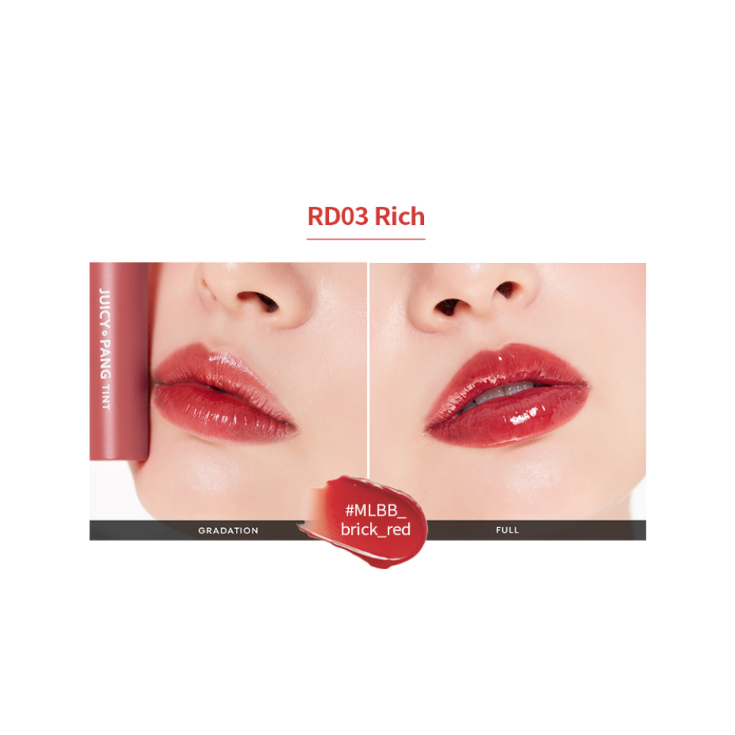 A'pieu Juicy-Pang Lip Tint in shade RD03, showcasing the vibrant red liquid tint on a clear applicator brush.