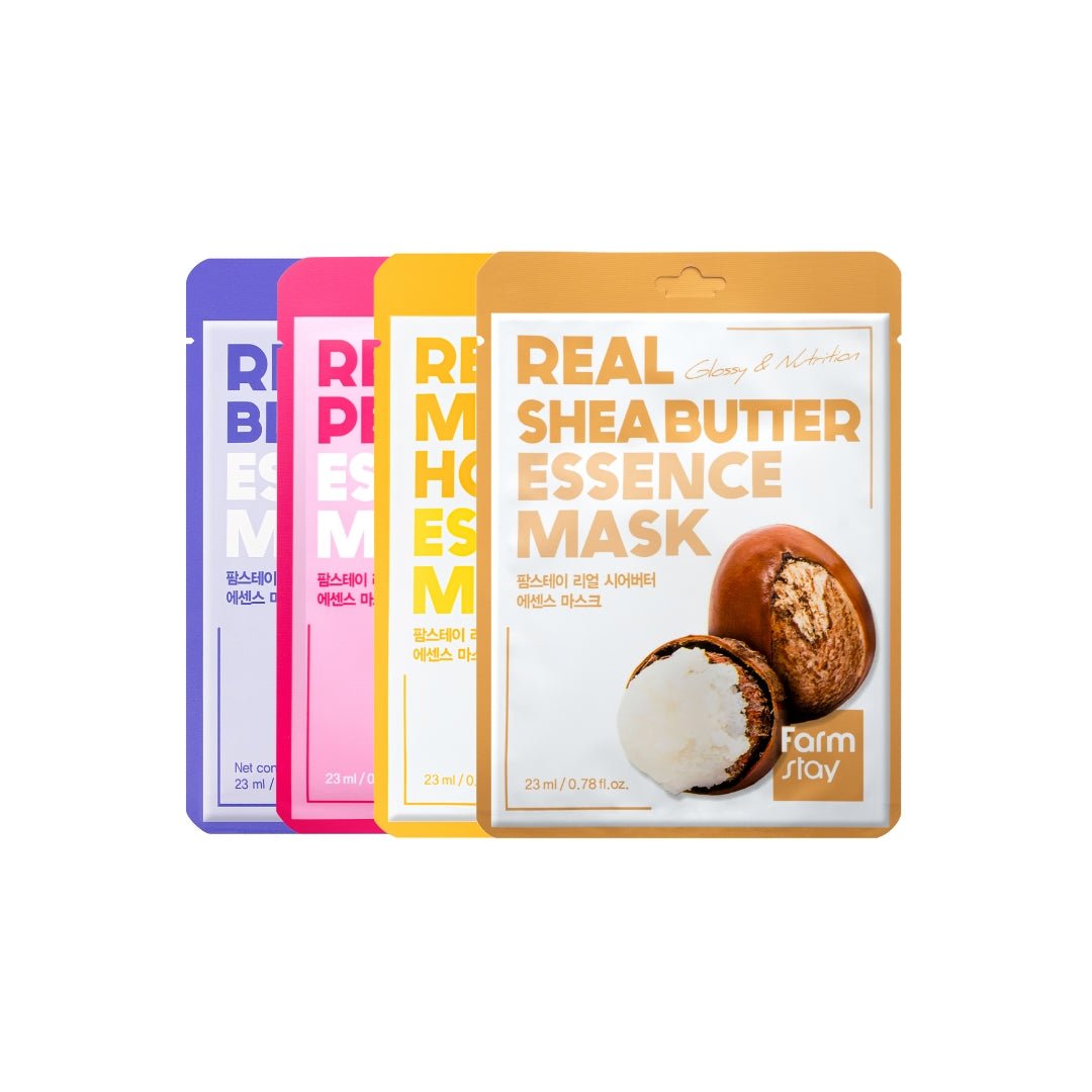 Farmstay Real Essence Mask Combo Pack V2 (Sheabutter,Blueberry,Peach,Manuka Honey) 12pc | La Cosmetique