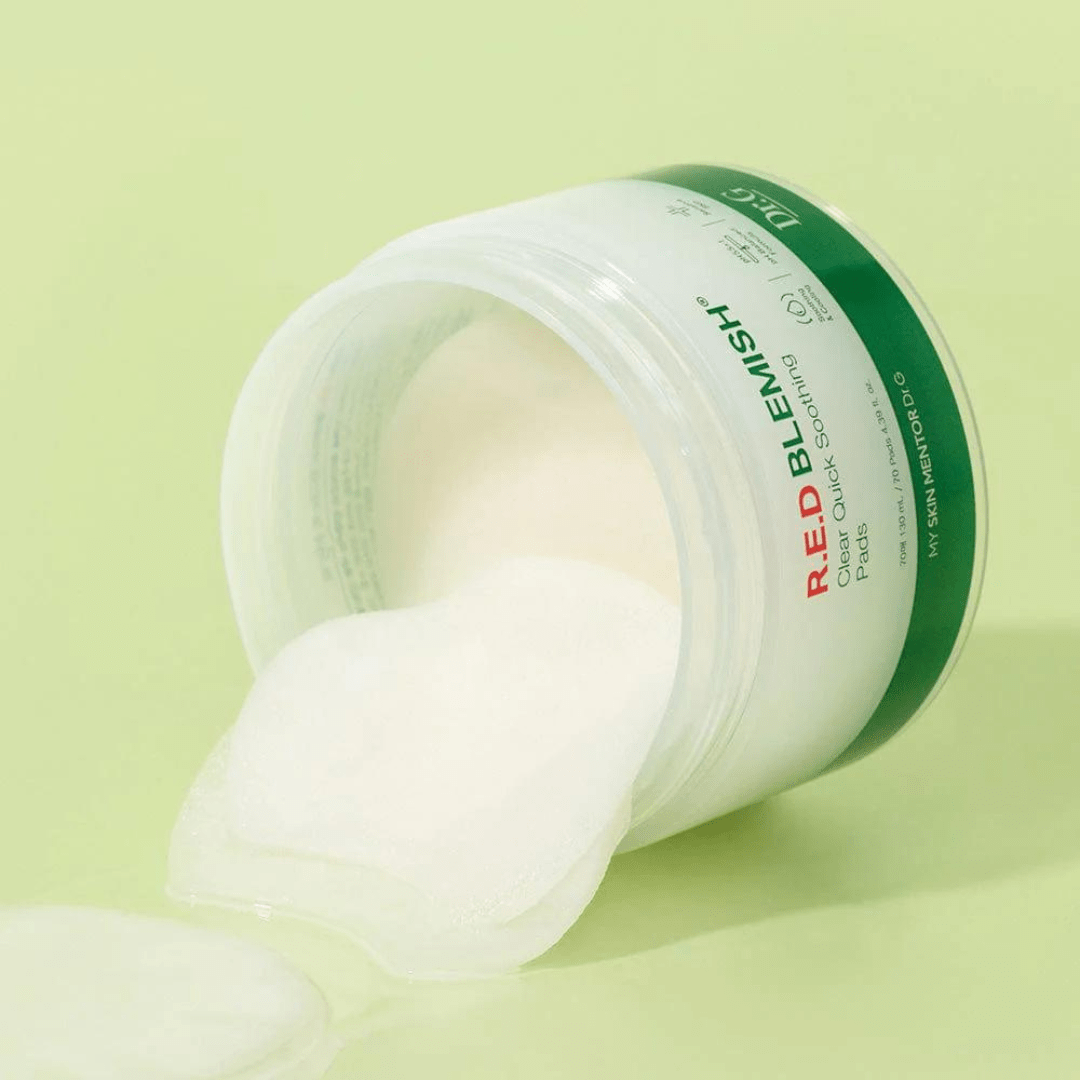 Dr. G R.E.D Blemish Clear Soothing Pads toner pad container, 70 soothing pads shown on a clean background