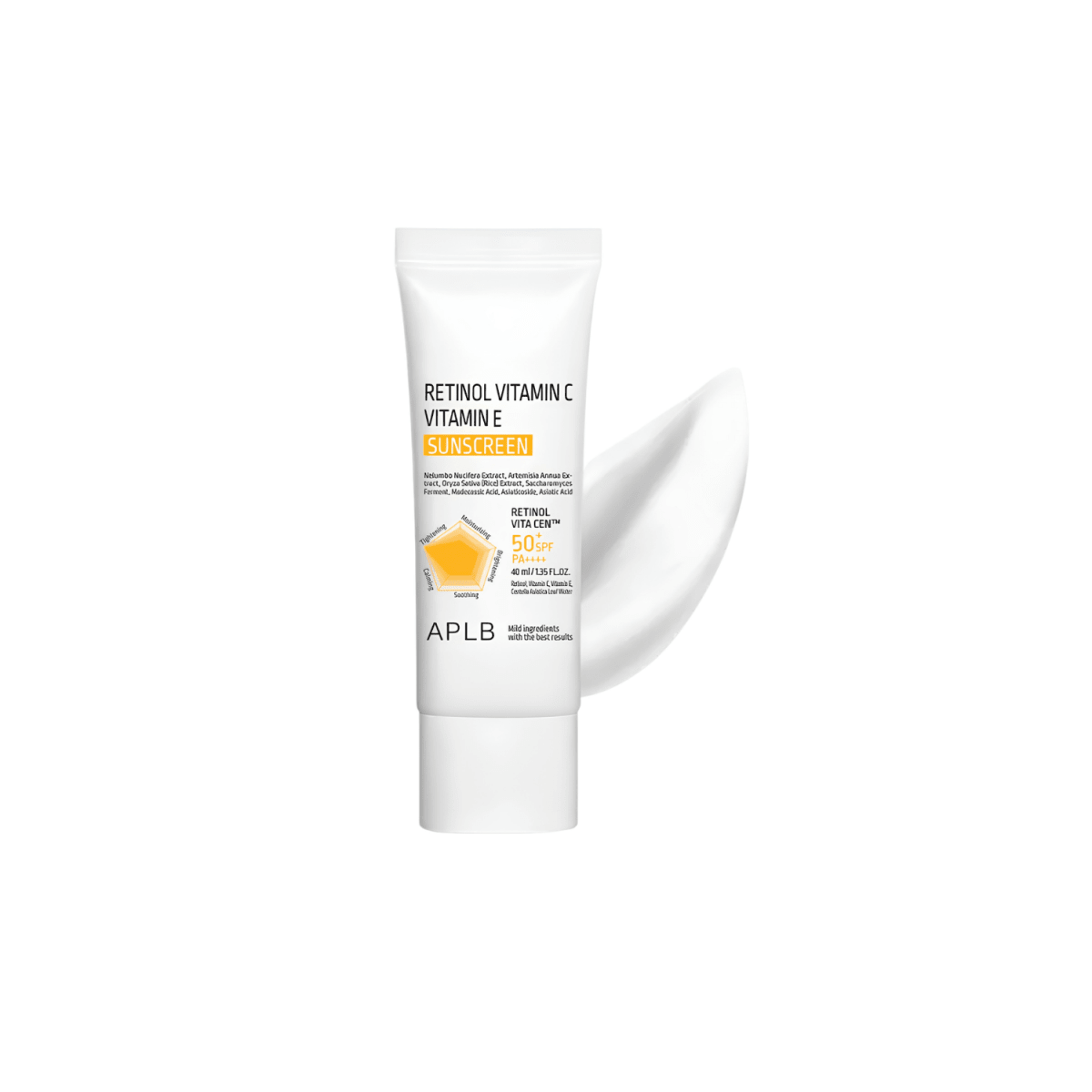 APLB Retinol, Vitamin C, and Vitamin E Sunscreen in a 40ml bottle, protecting skin with antioxidants and sun protection.