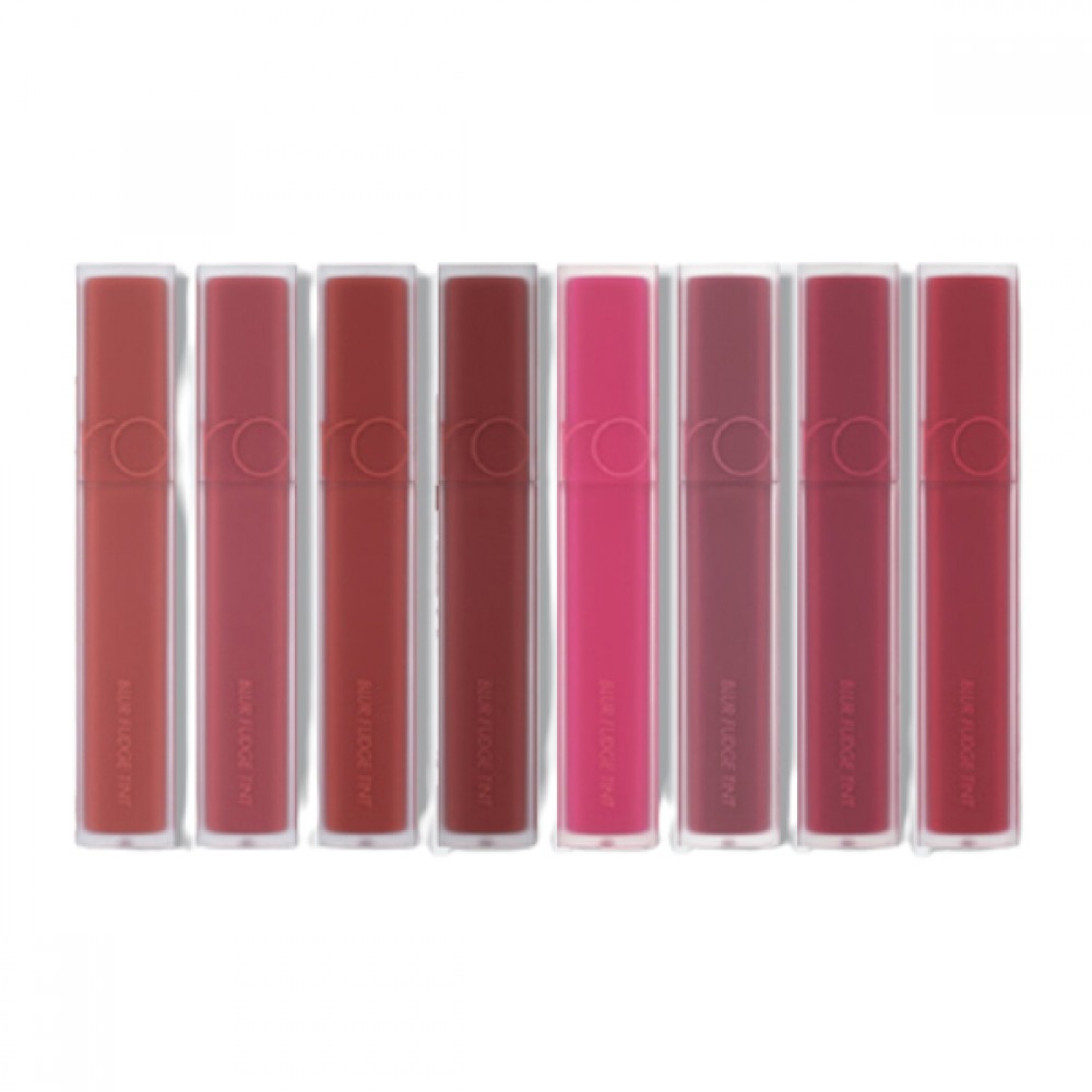 Rom&nd Blur Fudge Lip Tint in 5g, showing the sleek packaging and rich fudge color in the tube.