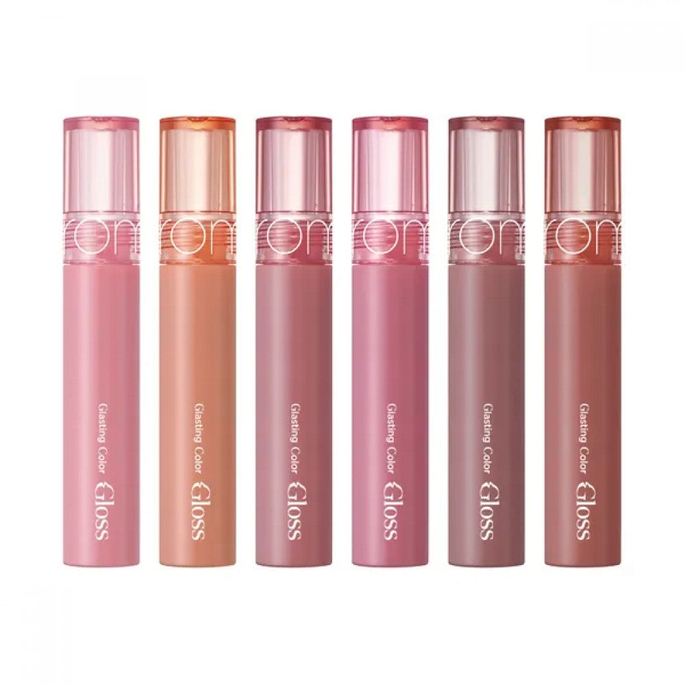 Rom&nd Glasting Color Gloss lip gloss in 8 vibrant shades, showing the glossy finish and colorful packaging.