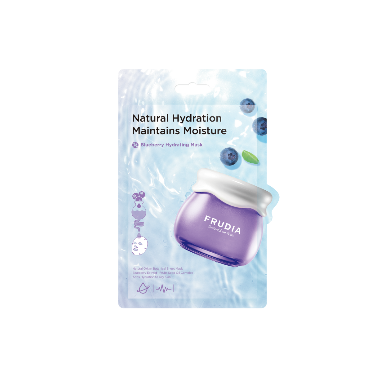 Frudia Blueberry Hydrating Sheet Mask showing a blue and white packaging with a blueberry illustration and the mask inside.