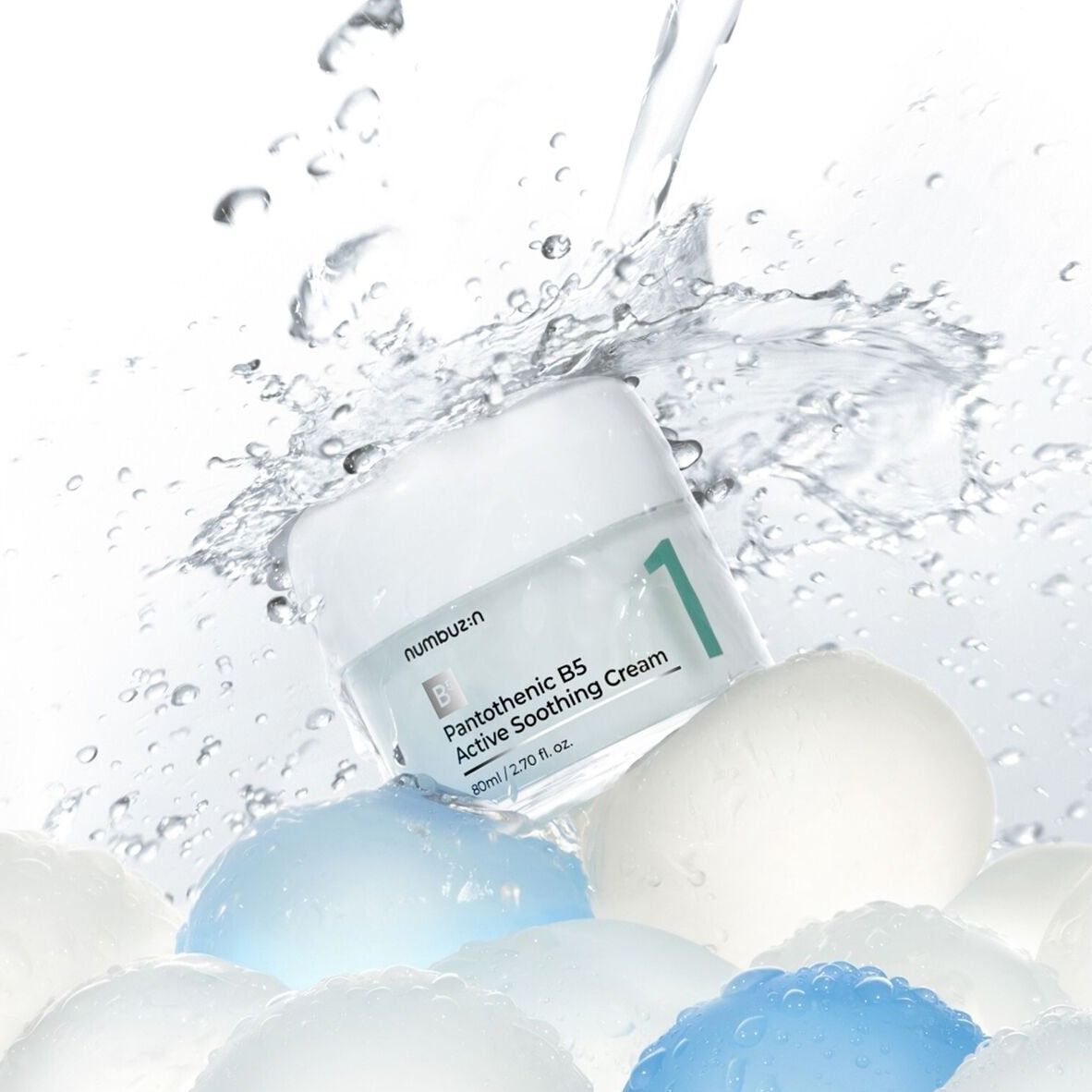 Numbuzin No. 1 Pantothenic B5 Active Soothing Cream 80ml face moisturizer in a light jar with a white lid, suitable for calming skin.