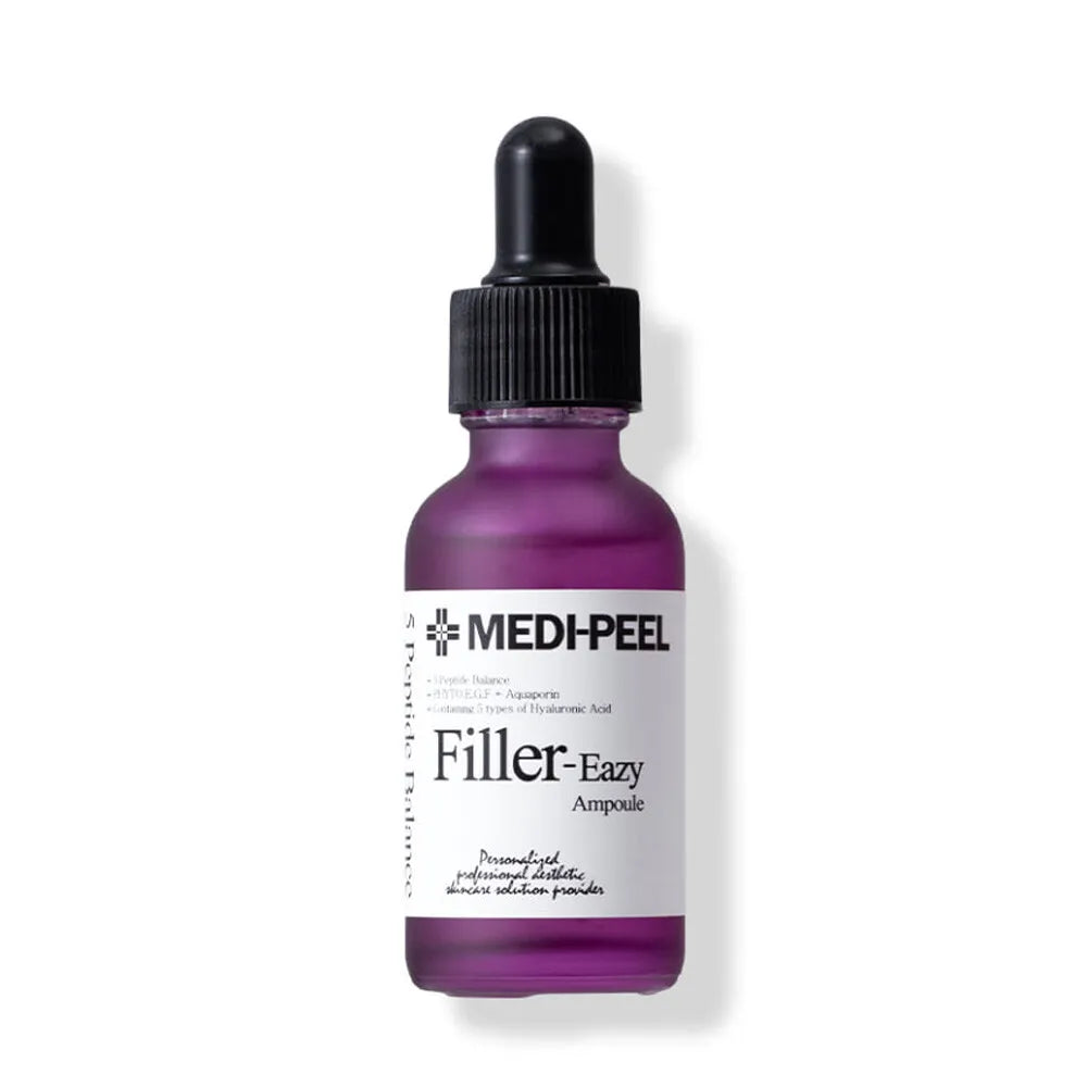 Eazy Filler Ampoule 30ml by MEDIPEEL+ showing a clear glass ampoule with a white cap and label.