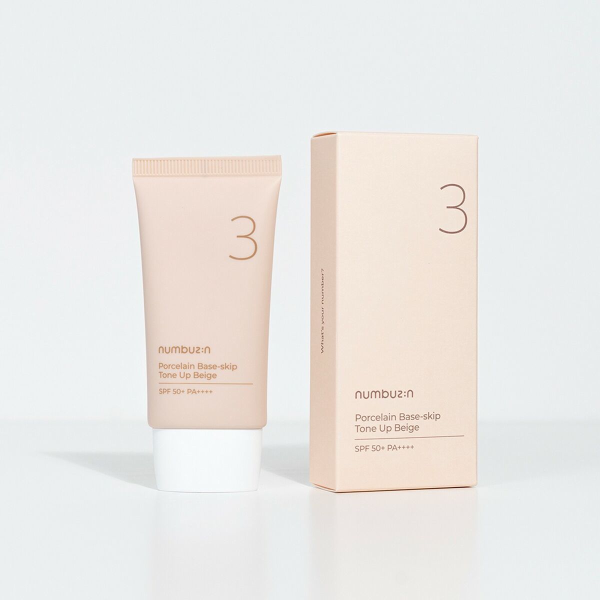 Numbuzin No.3 Porcelain Base Tone-up Cream in beige, 50ml, with smooth texture and porcelain finish in a sleek container.