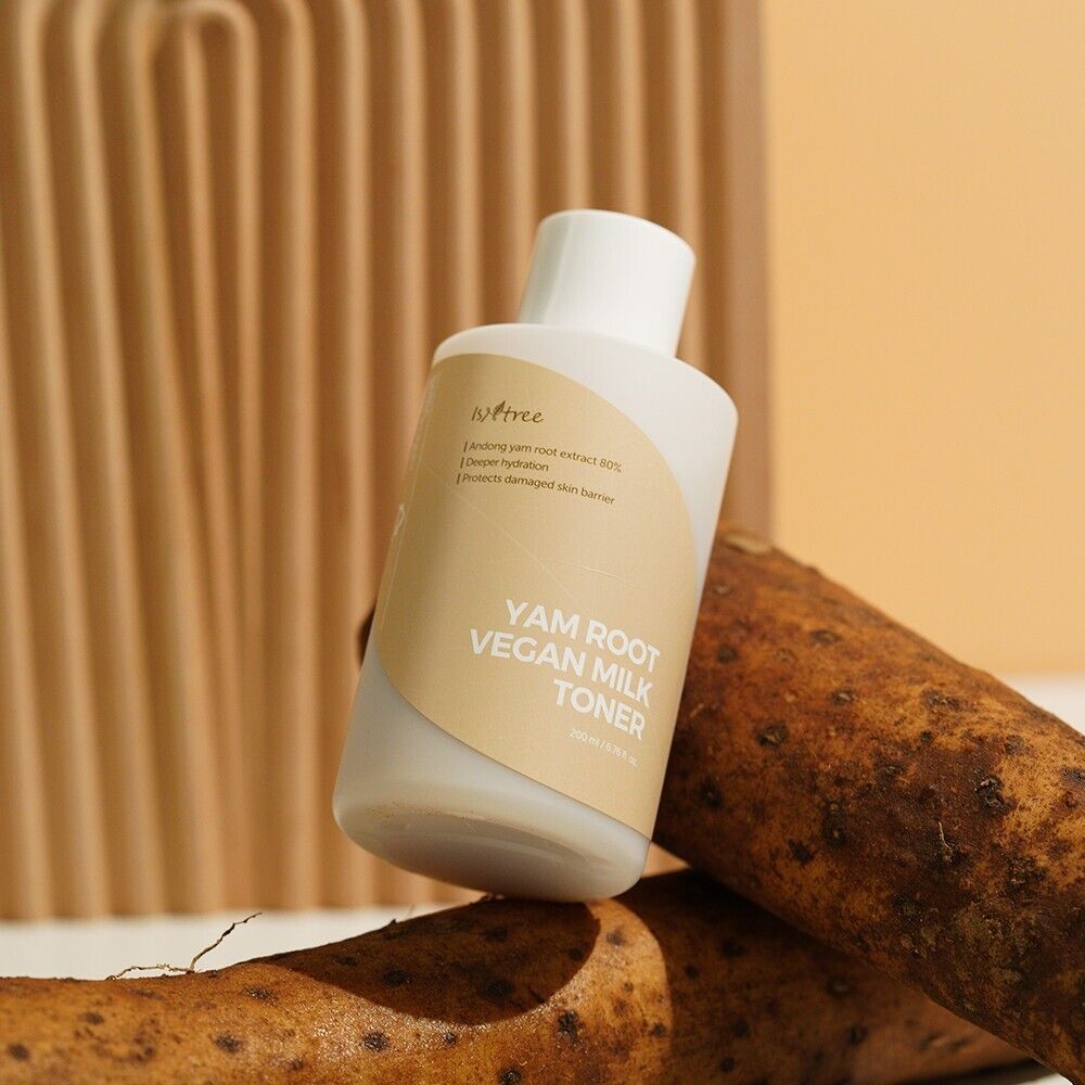 Isntree Yam Root Vegan Milk Toner 200ml bottle with a minimalist label and clear liquid inside, designed for skincare.