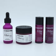 MEDIPEEL+ Eazy Filler Multi Care Skincare Set with 30ml x 3 bottles and 50g container, featuring skincare products in sleek packaging.