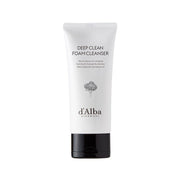 d'Alba White Truffle Deep Clean Foam Cleanser 80ml in a clear gel and foam formula, shown in a sleek white tube with branding.