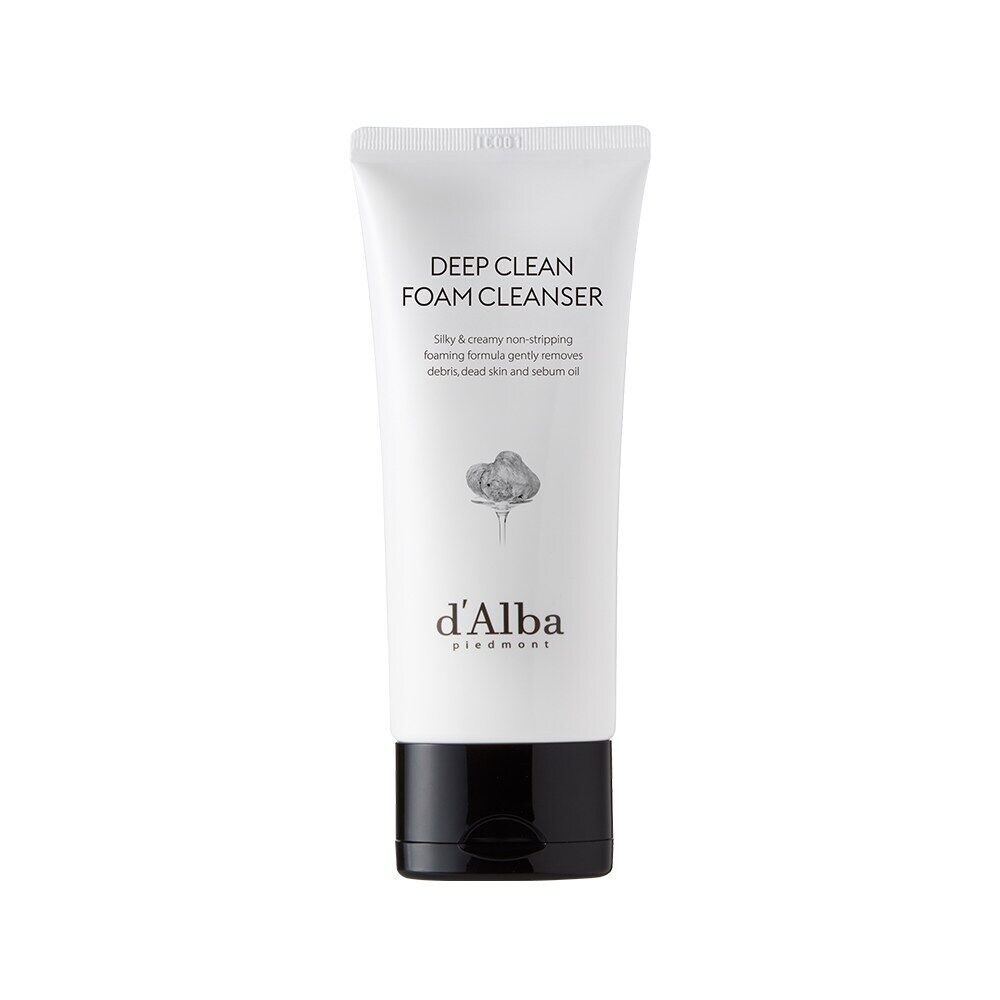 d'Alba White Truffle Deep Clean Foam Cleanser 80ml in a clear gel and foam formula, shown in a sleek white tube with branding.