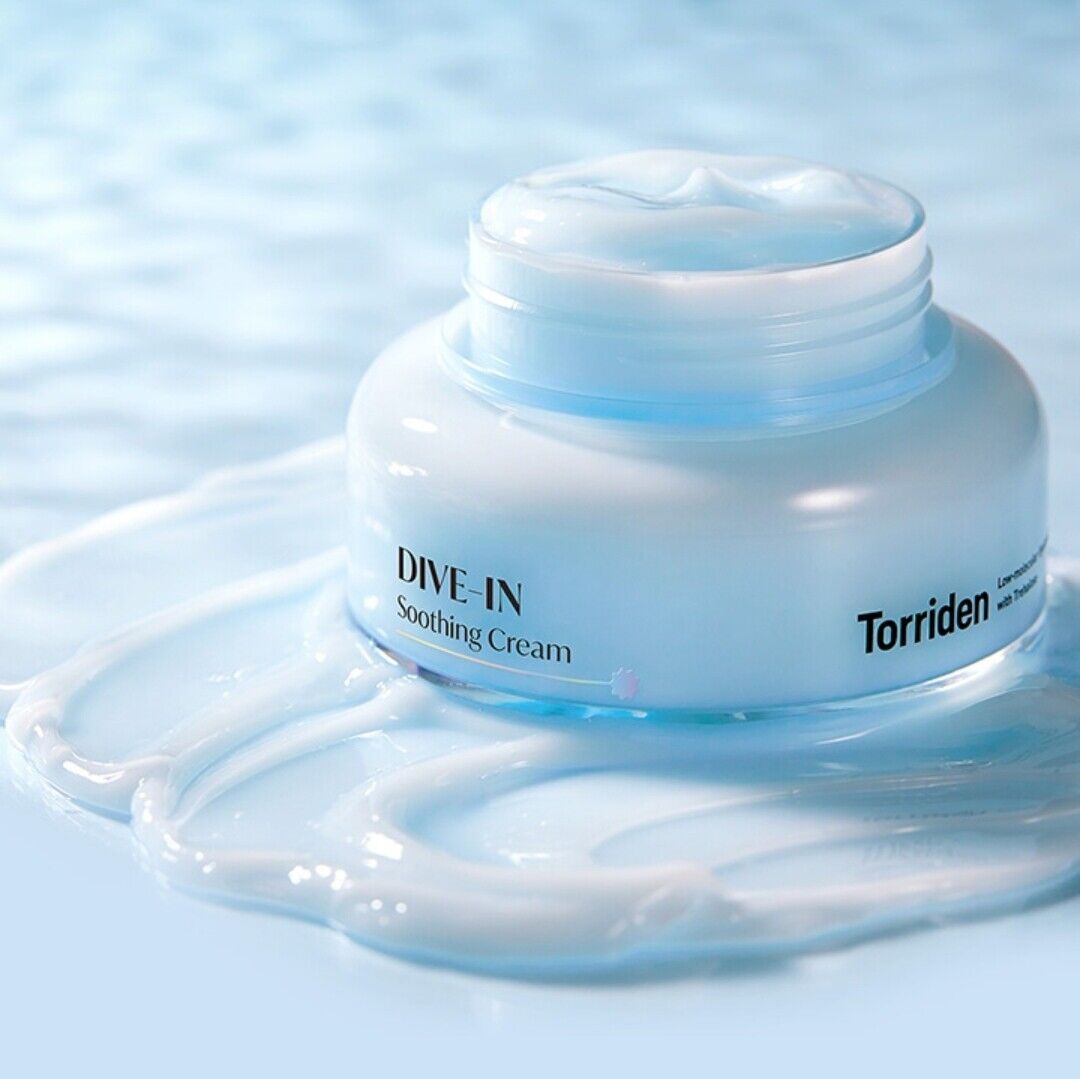Torriden DIVE-IN Soothing Cream 100ml face moisturizer jar with creamy texture and soothing ingredients.