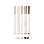 Rom&nd Twinkle Pen Liner in five colors, liquid eyeliner with shimmering tip, displayed on a white background.