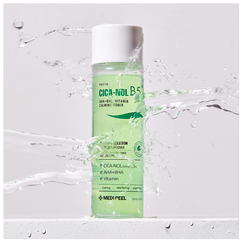 MEDIPEEL+ Cica-Nol B5 AHA BHA Vitamin Calming Toner 150ml, clear bottle with liquid toner and calming ingredients.