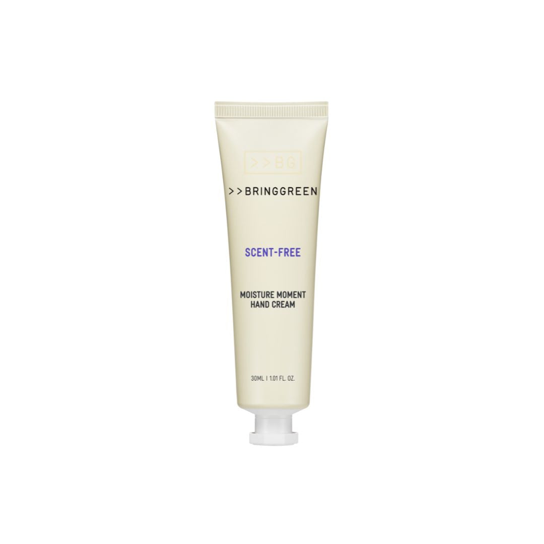 Bring Green Moisture Moment Hand Cream in 30ml, scent-free, with smooth lotion texture and a simple, clean tube packaging.