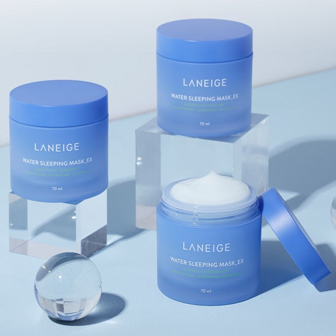 Laneige Water Sleeping Mask EX in a 70ml jar, a hydrating sleeping mask with a smooth, gel-like texture on a clean surface.
