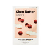 Missha Airy Fit Sheet Mask with Shea Butter, moisturizing skincare sheet mask showing the product packaging and open mask.