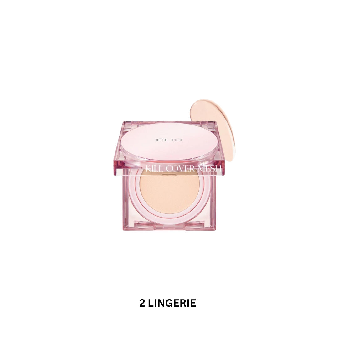 Clio Kill Cover Mesh Glow Cushion Mini 5g foundation compact with mesh applicator and luminous finish, close-up of product packaging.