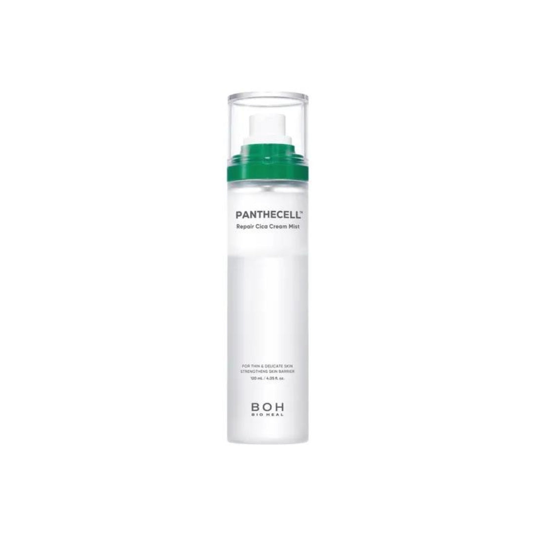 Bioheal BOH Panthecell Repair Cica Cream Mist in a 120ml spray bottle, lightweight facial mist with soothing and repairing properties.