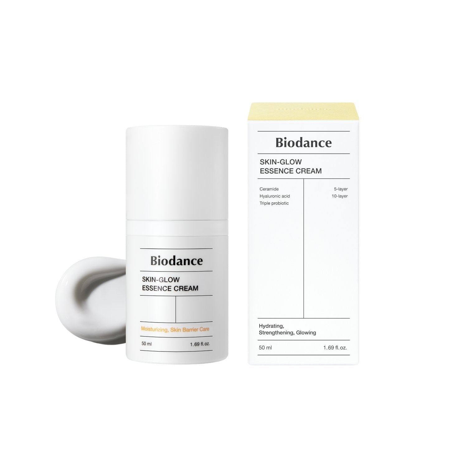 Biodance Skin-Glow Essence Cream 50ml face moisturizer jar with a sleek skincare container and a subtle glow effect.