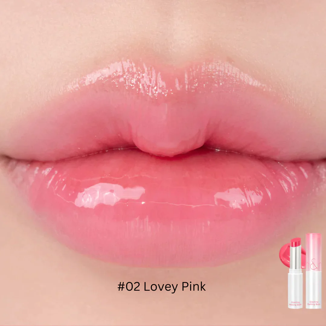 Rom&nd Glasting Melting Balm lipstick in a sleek tube, featuring a glossy finish and soft pink shade for smooth, radiant lips.