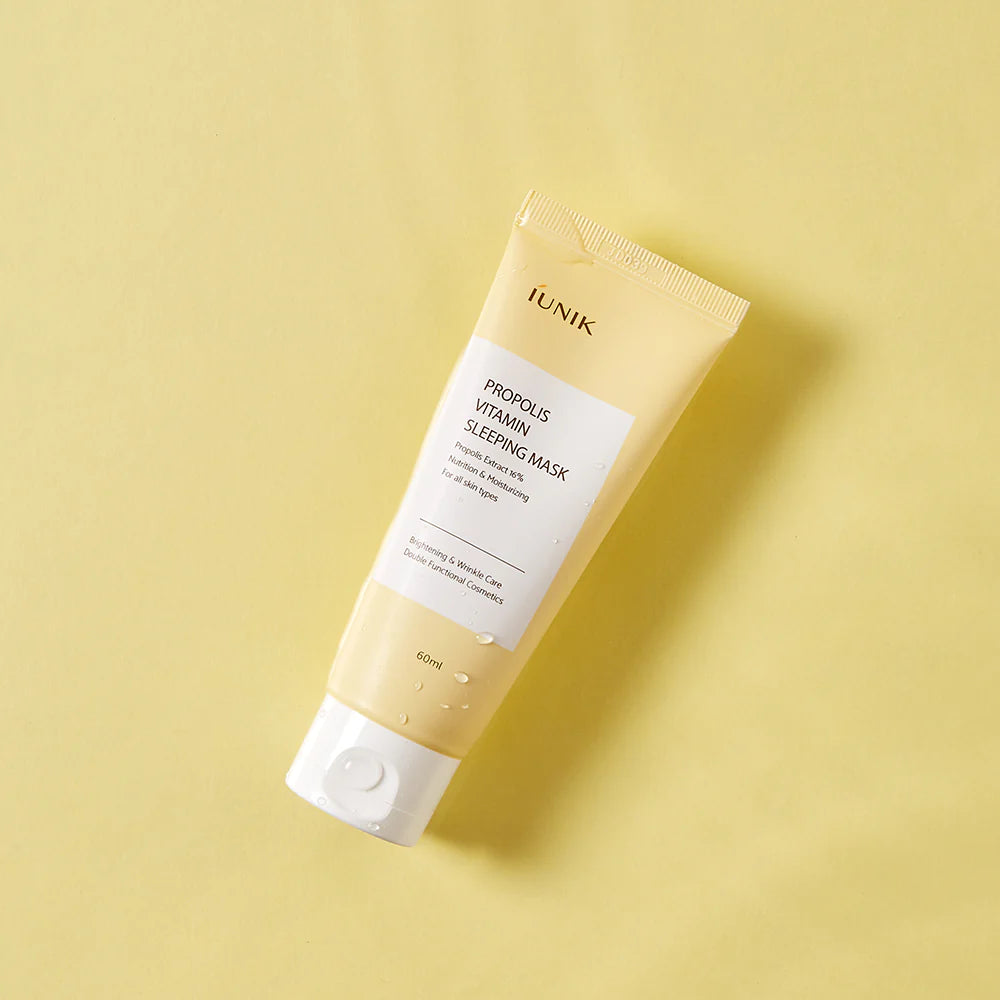 iUNIK Propolis Vitamin Sleeping Mask in 60ml jar, a nourishing leave-on mask with a smooth, creamy texture for overnight skincare.