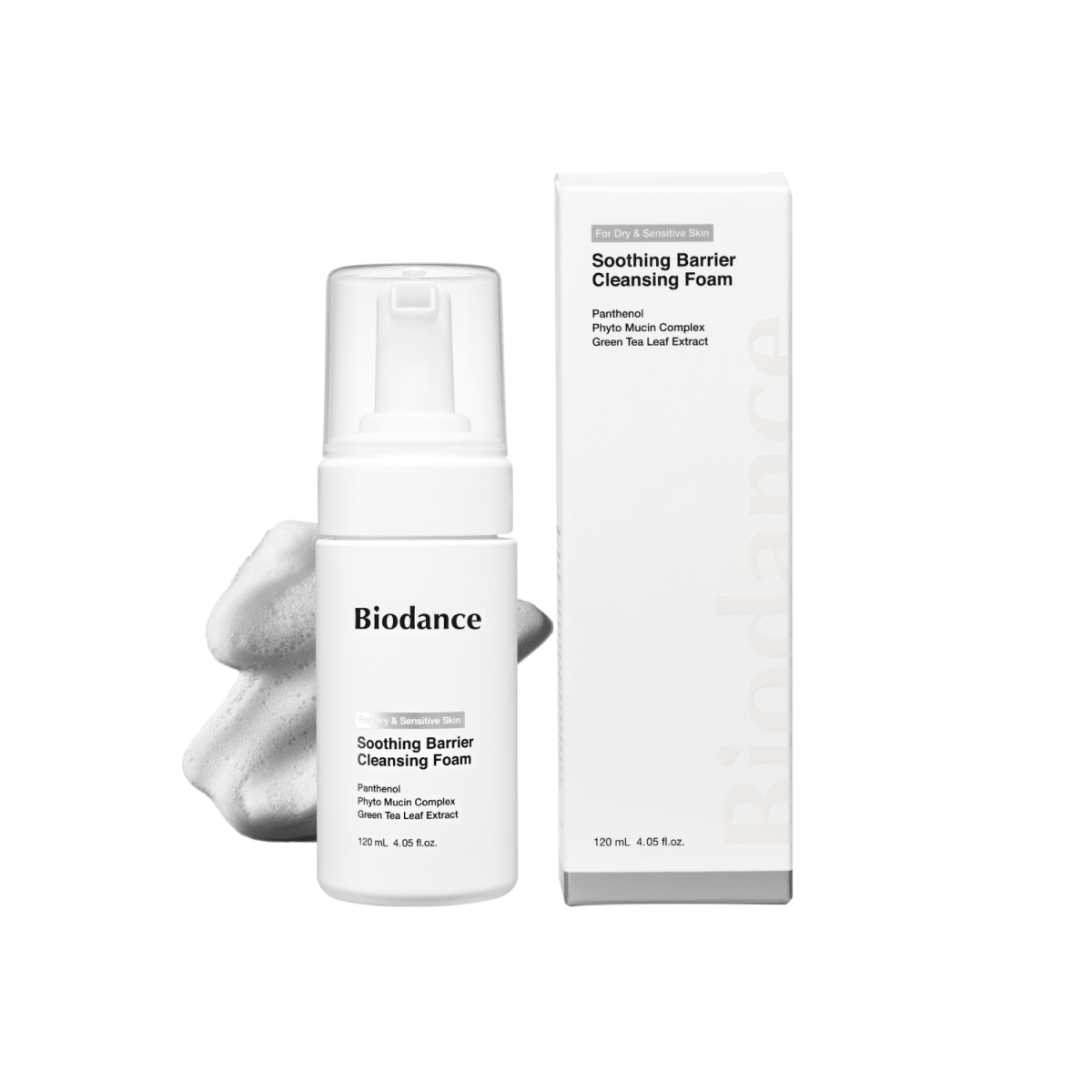 Biodance Soothing Barrier Cleansing Foam 120ml, gentle facial cleanser bottle and box