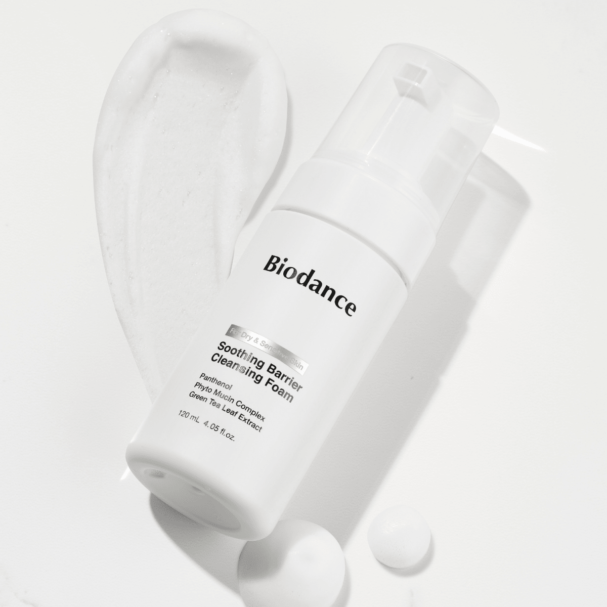 Biodance Soothing Barrier Cleansing Foam gel cleanser, 120ml bottle and foam texture against a clean background