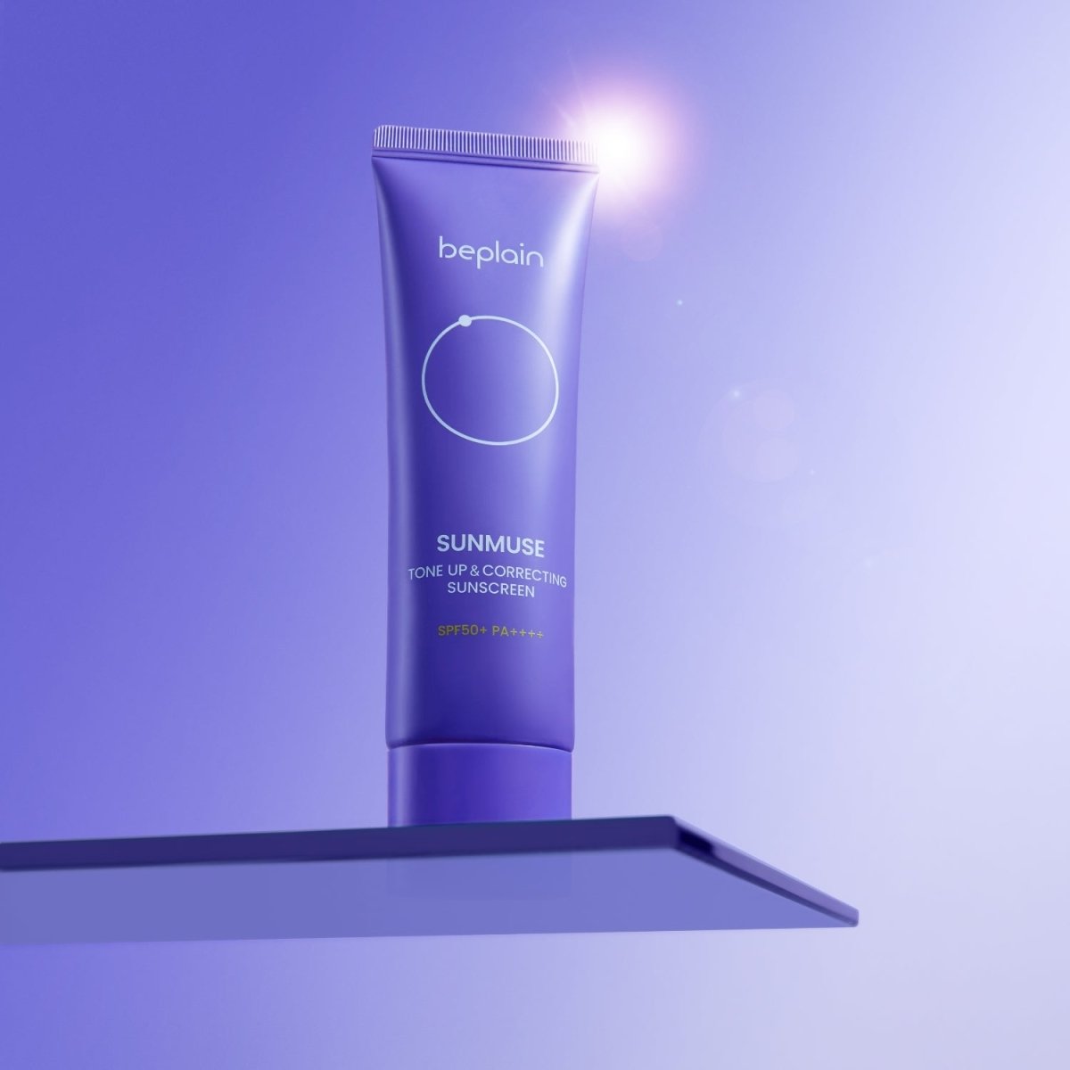 Beplain Sunmuse Tone-Up & Correcting Sunscreen 50ml, white tube with a blue cap, showing the product's packaging.