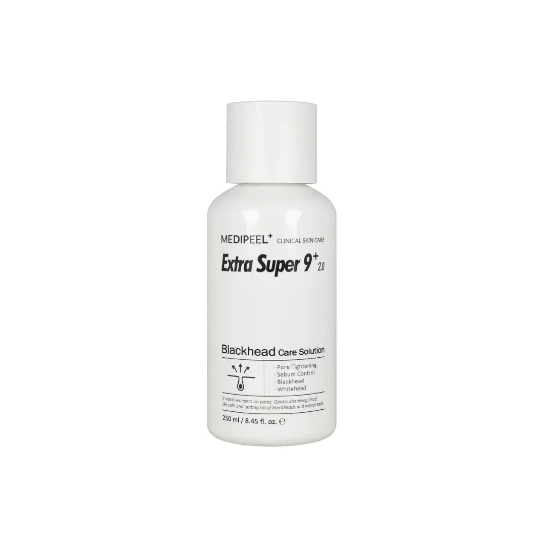 MEDIPEEL+ Extra Super 9 Plus 2.0 exfoliant and scrub in 250ml bottle with textured surface.