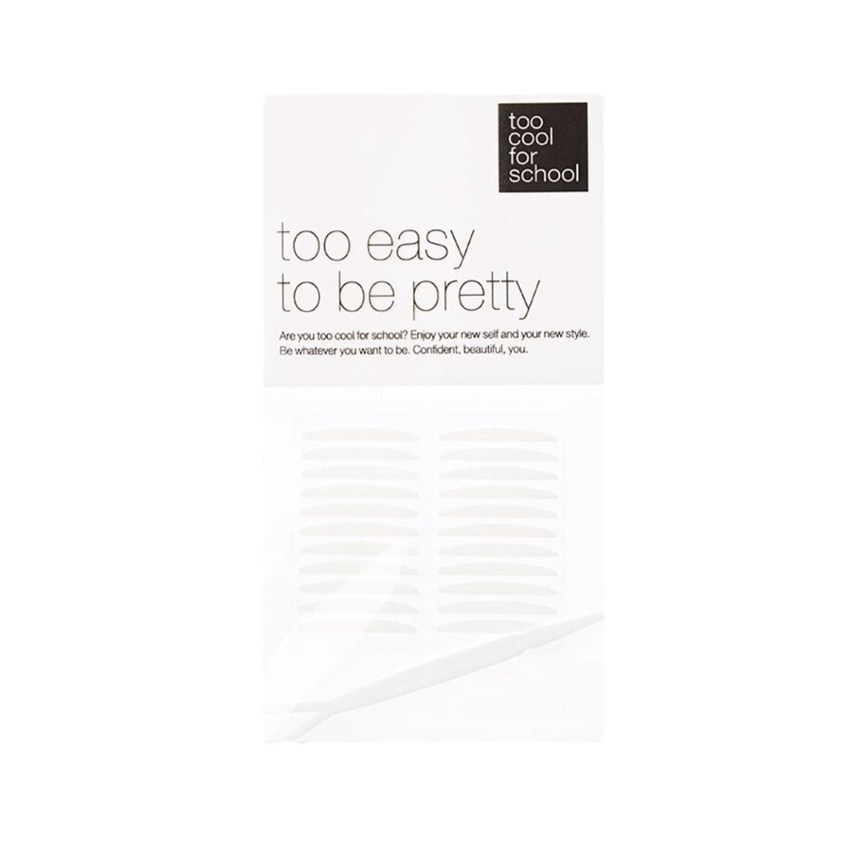 Too Cool For School double eyelid tape and glue, 22 pairs of double-sided eyelid tape with application tools displayed.