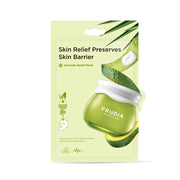 Frudia Avocado Relief Cream Sheet Mask box with 10pcs, showing individual avocado-themed sheet masks for soothing skin care.