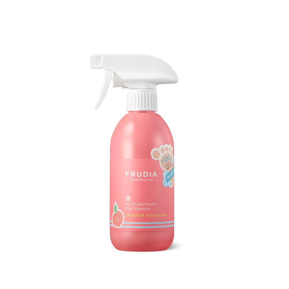 Frudia My Orchard Peach Foot Shampoo 390ml bottle showing peach-themed packaging and pump dispenser.