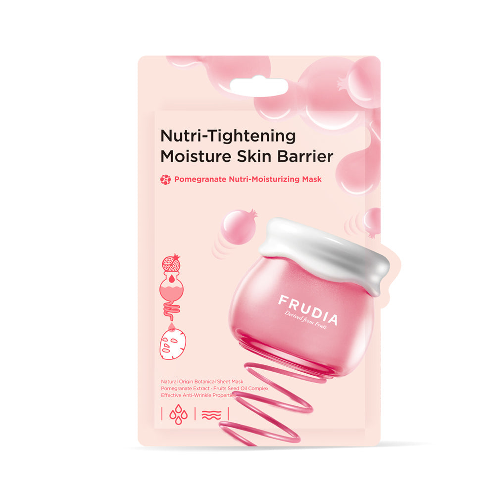 Frudia Pomegranate Nutri-Moisturizing Sheet Mask with pomegranate extract and hydrating ingredients, displayed on a white background.
