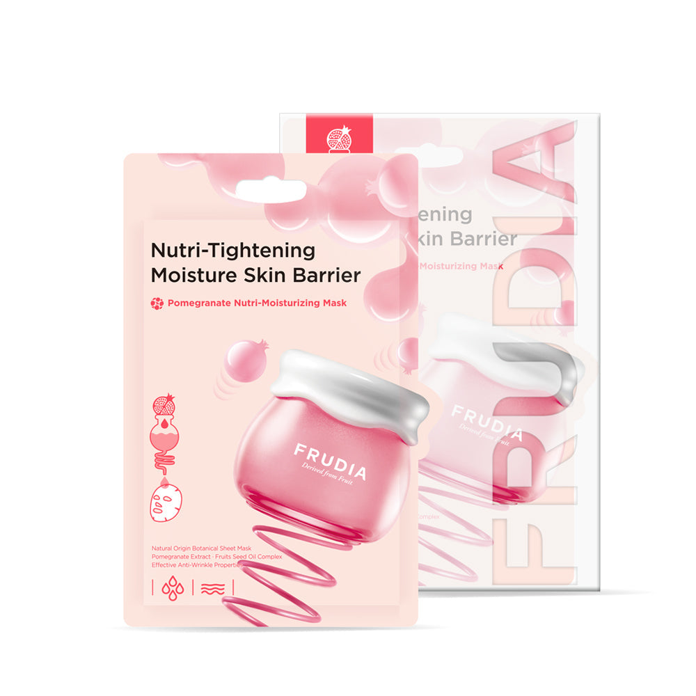 Frudia Pomegranate Nutri-Moisturizing Sheet Mask with pomegranate extract for nourishing, hydrating skin care.