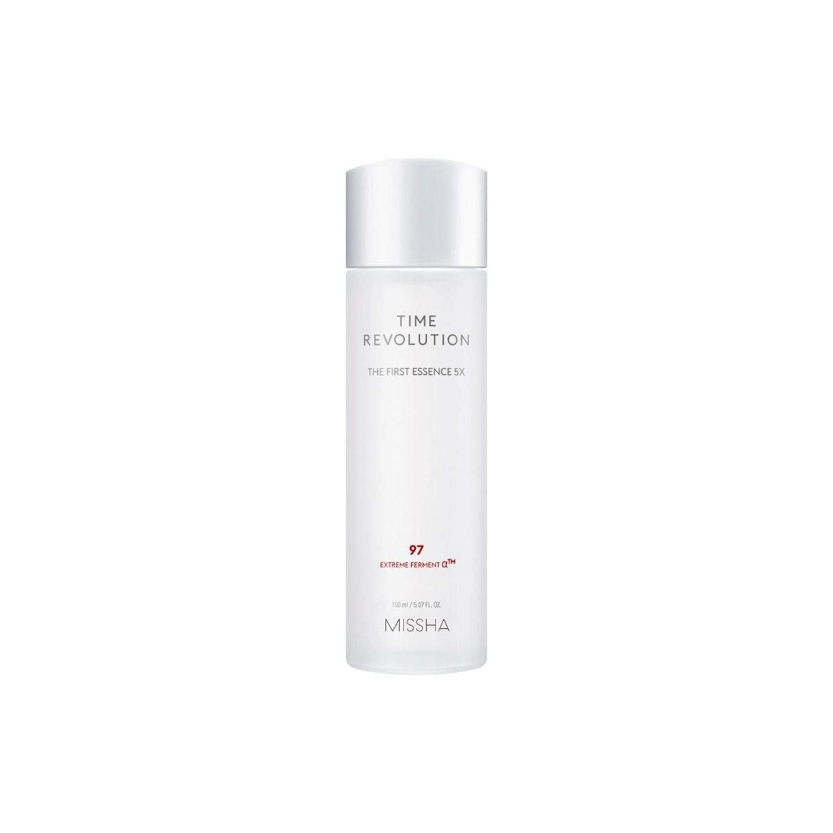 Missha Time Revolution The First Essence 5X in 150ml bottle, close-up of the skincare product showing the clear liquid inside