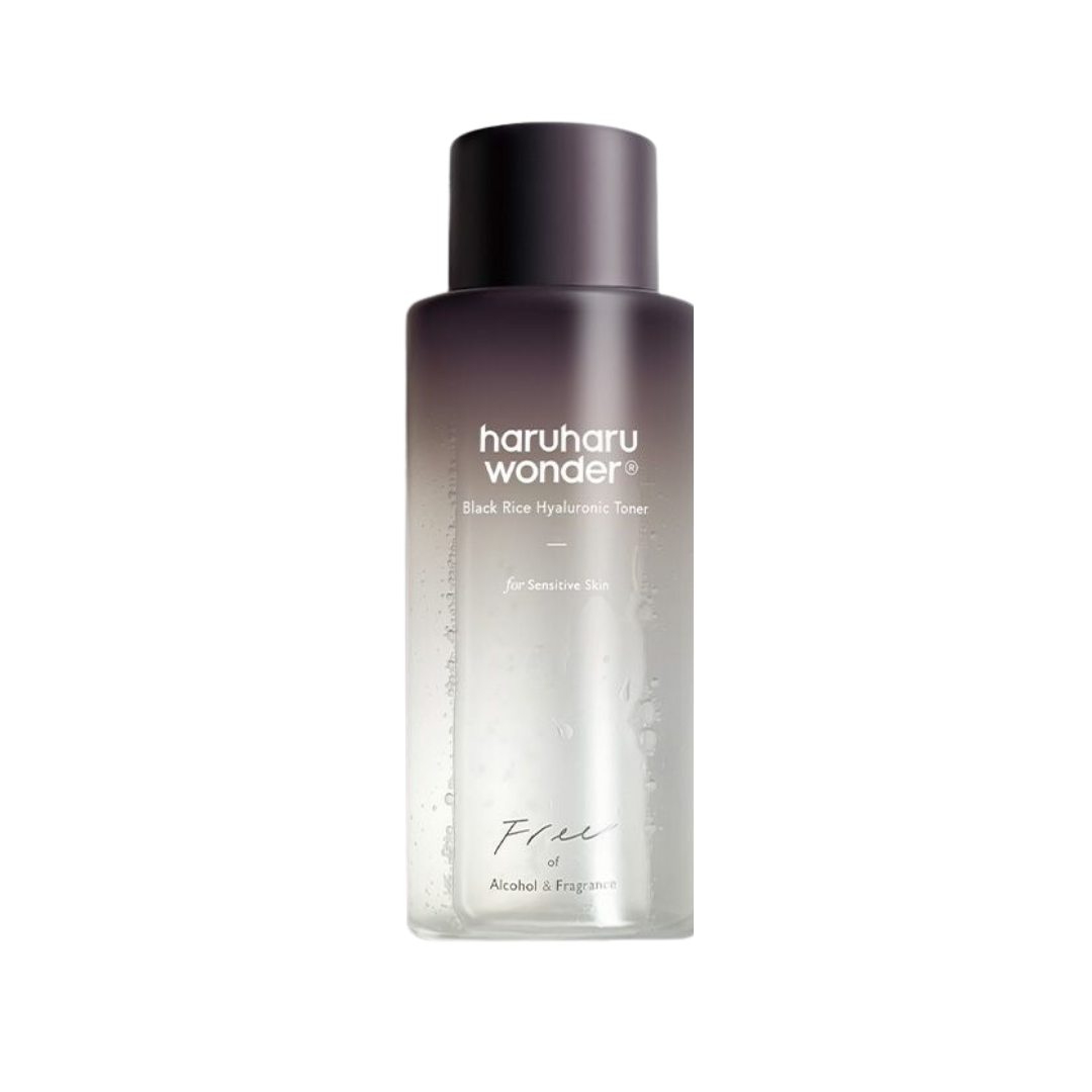 Haruharu Wonder Black Rice Hyaluronic Toner in a 300ml bottle, featuring a clear liquid with a minimalist label and black cap.