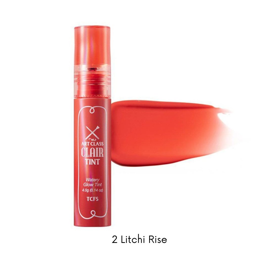 Too Cool For School Artclass Clair Tint lip tint in five vibrant colors, showing swatches on a white background.